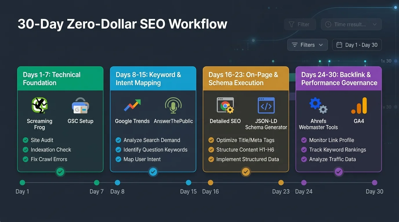 30-Day Zero-Dollar SEO Workflow Blueprint