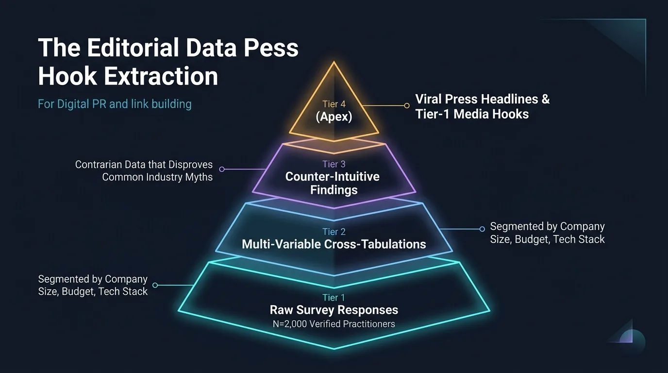 Breaking news data hook pyramid showing primary data, benchmark metrics, and visual embeds driving high link placement rates