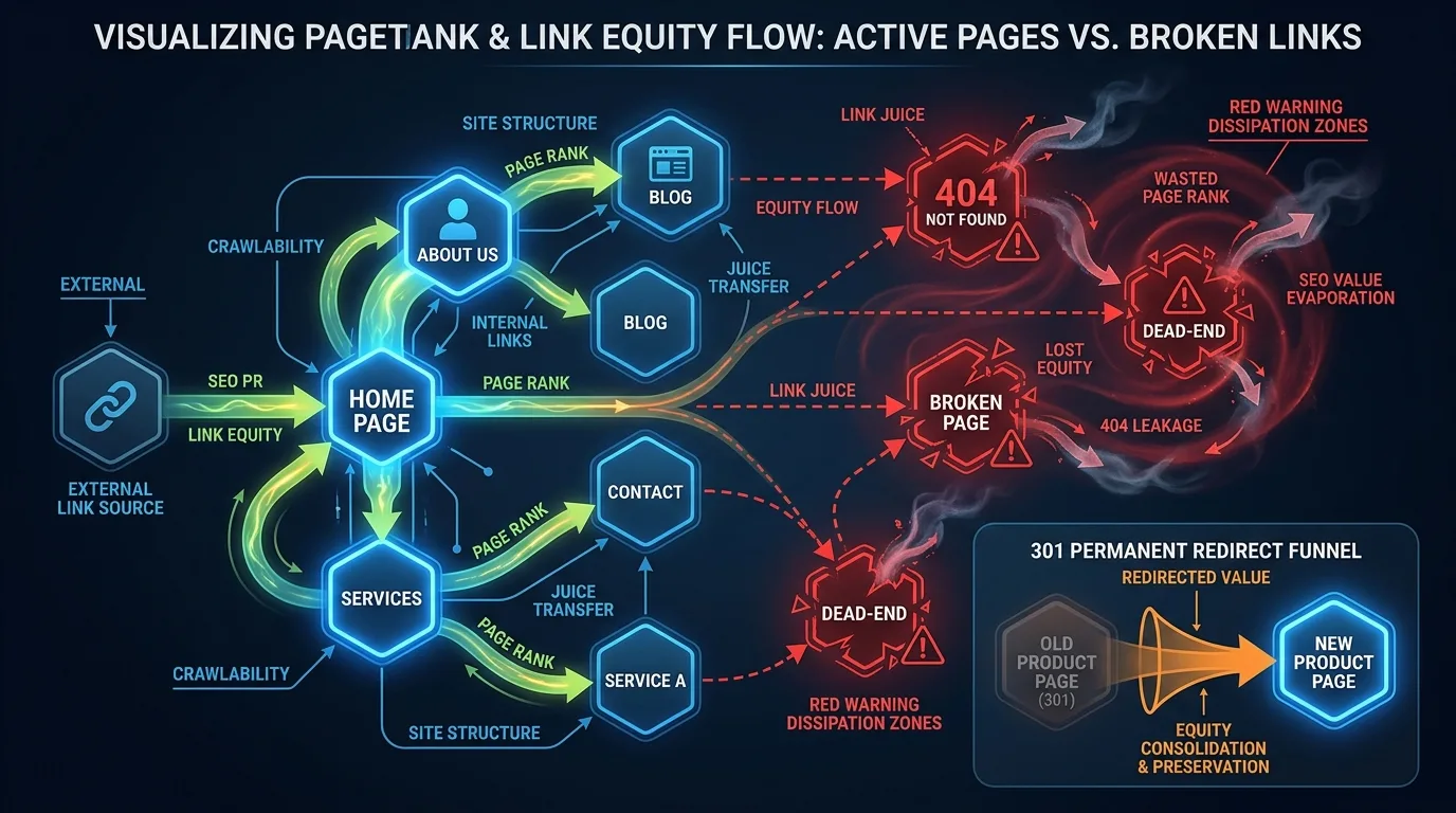 Technical diagram illustrating broken link equity leakage and redirect chain consolidation architecture