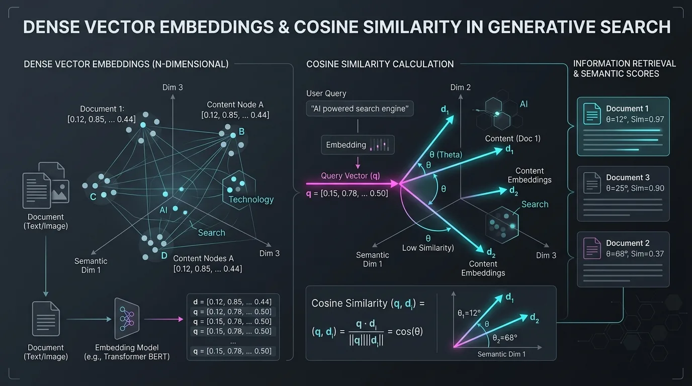 Dense Vector Embeddings and Cosine Similarity in Generative Search Architecture