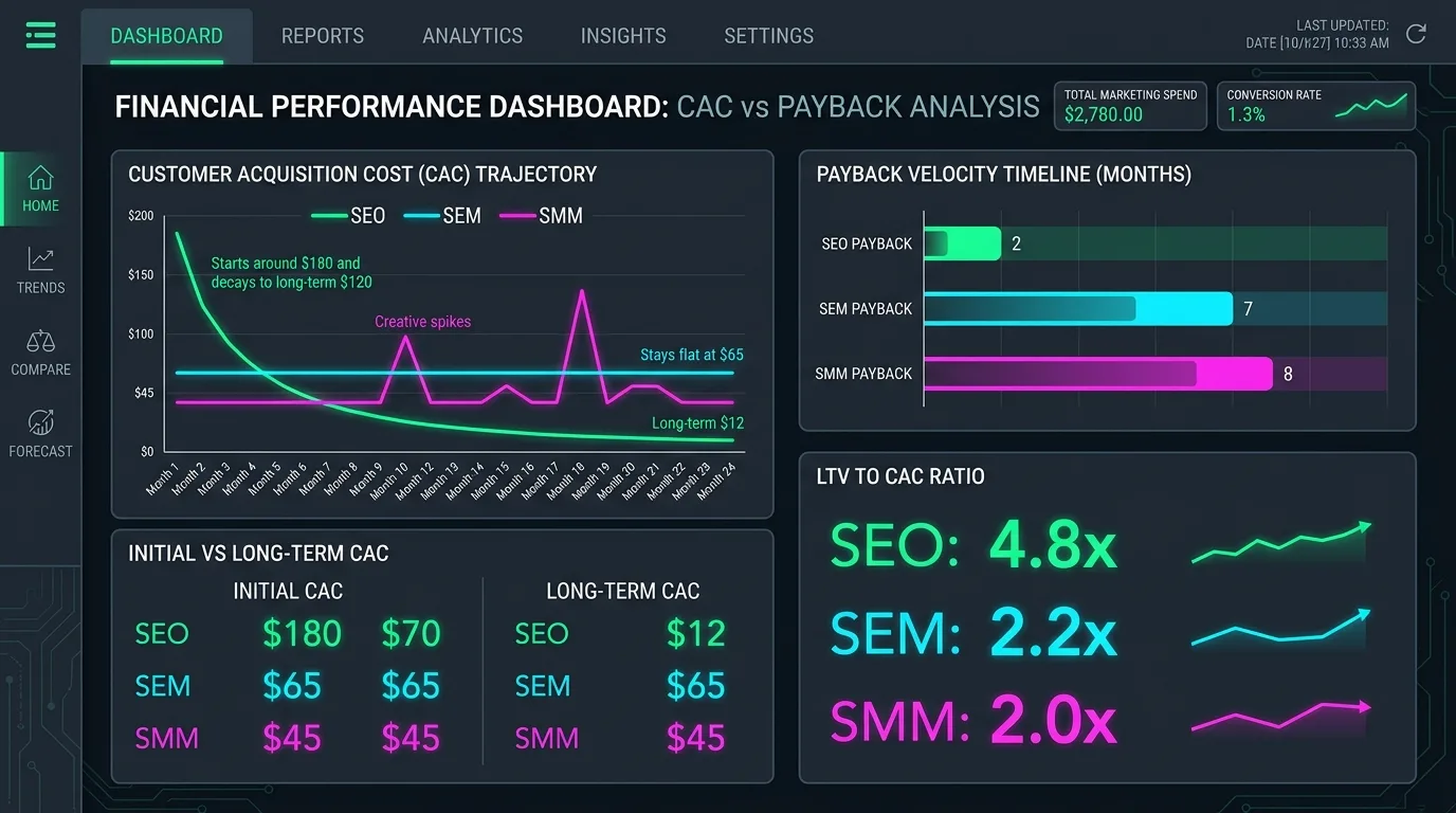 Customer acquisition cost payback telemetry comparing organic search vs paid marketing channels
