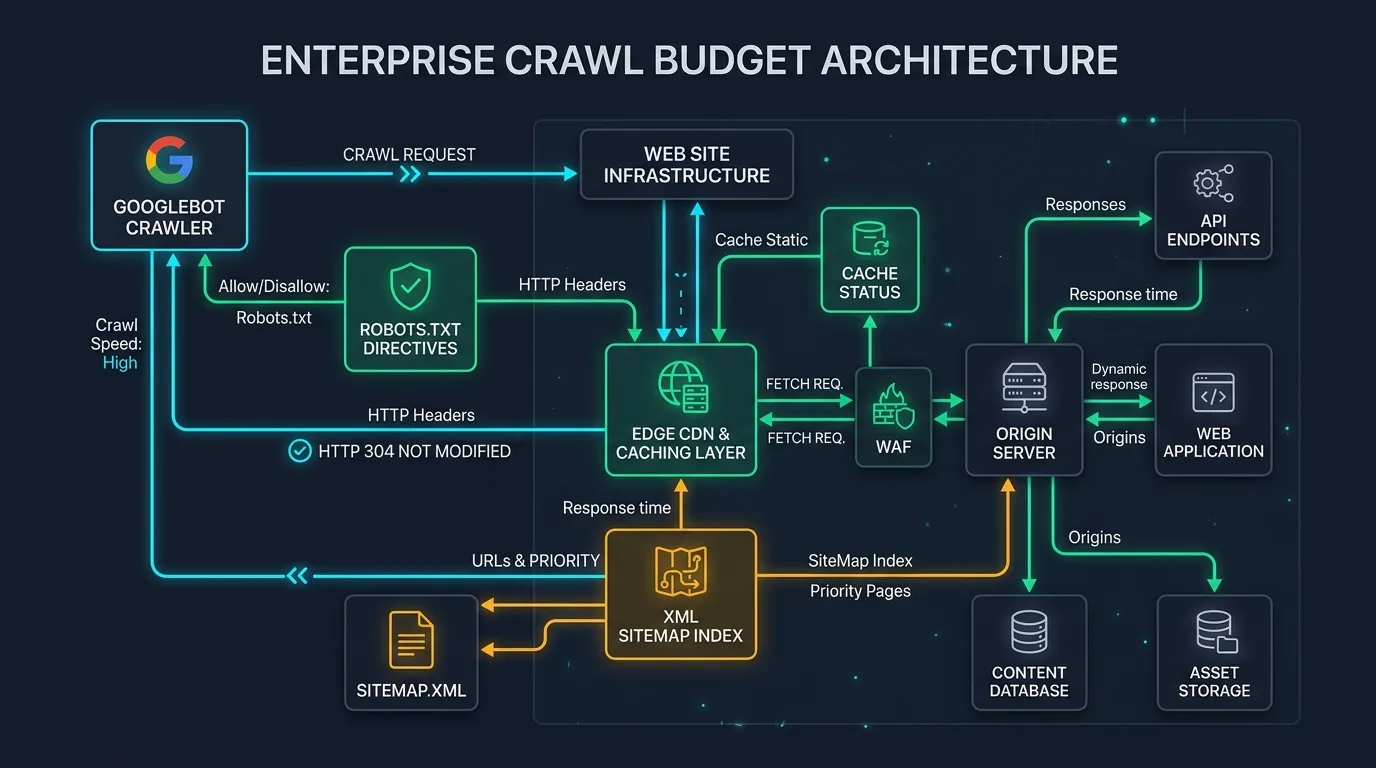 Politeness rate limiting and crawl budget preservation architecture showing token bucket algorithms