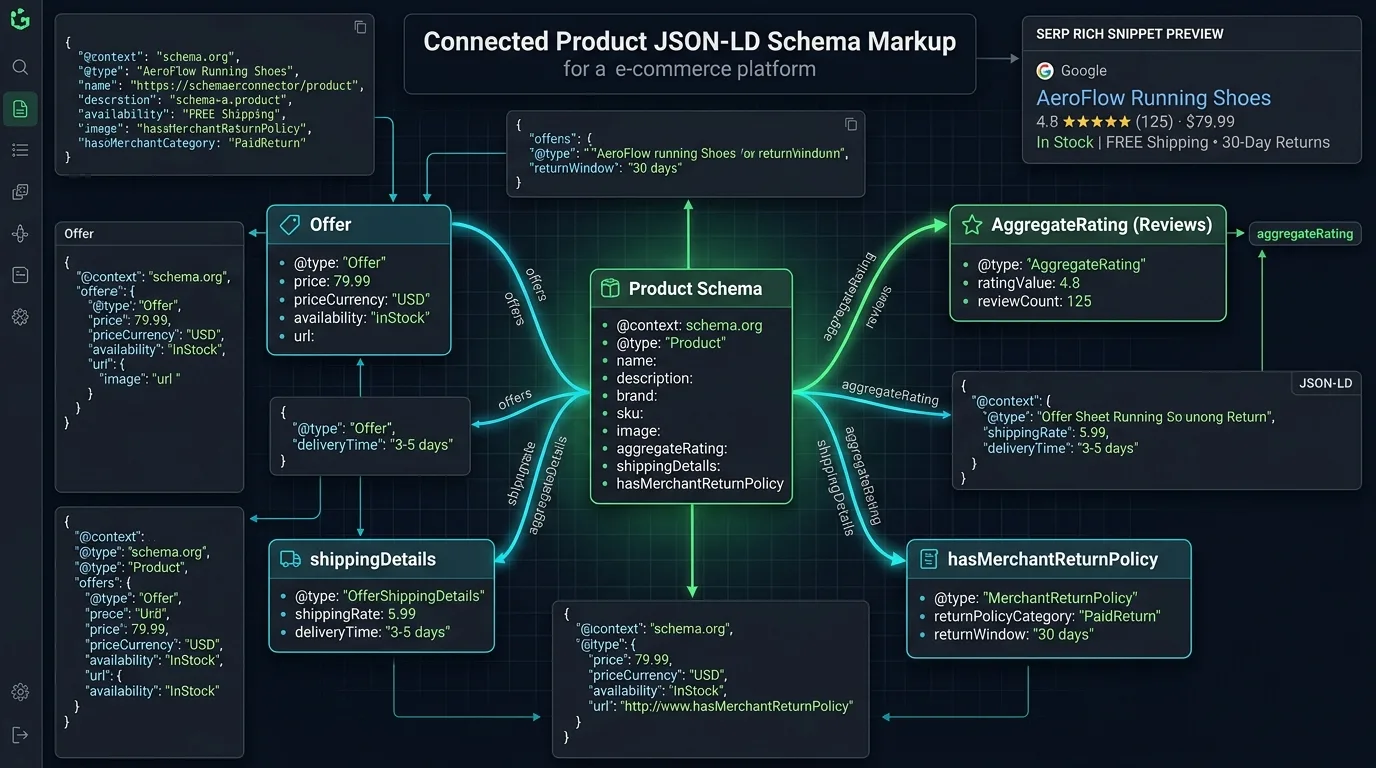 Product schema graph architecture diagram showing nested JSON-LD connections across Product, Offer, AggregateRating, and MerchantReturnPolicy