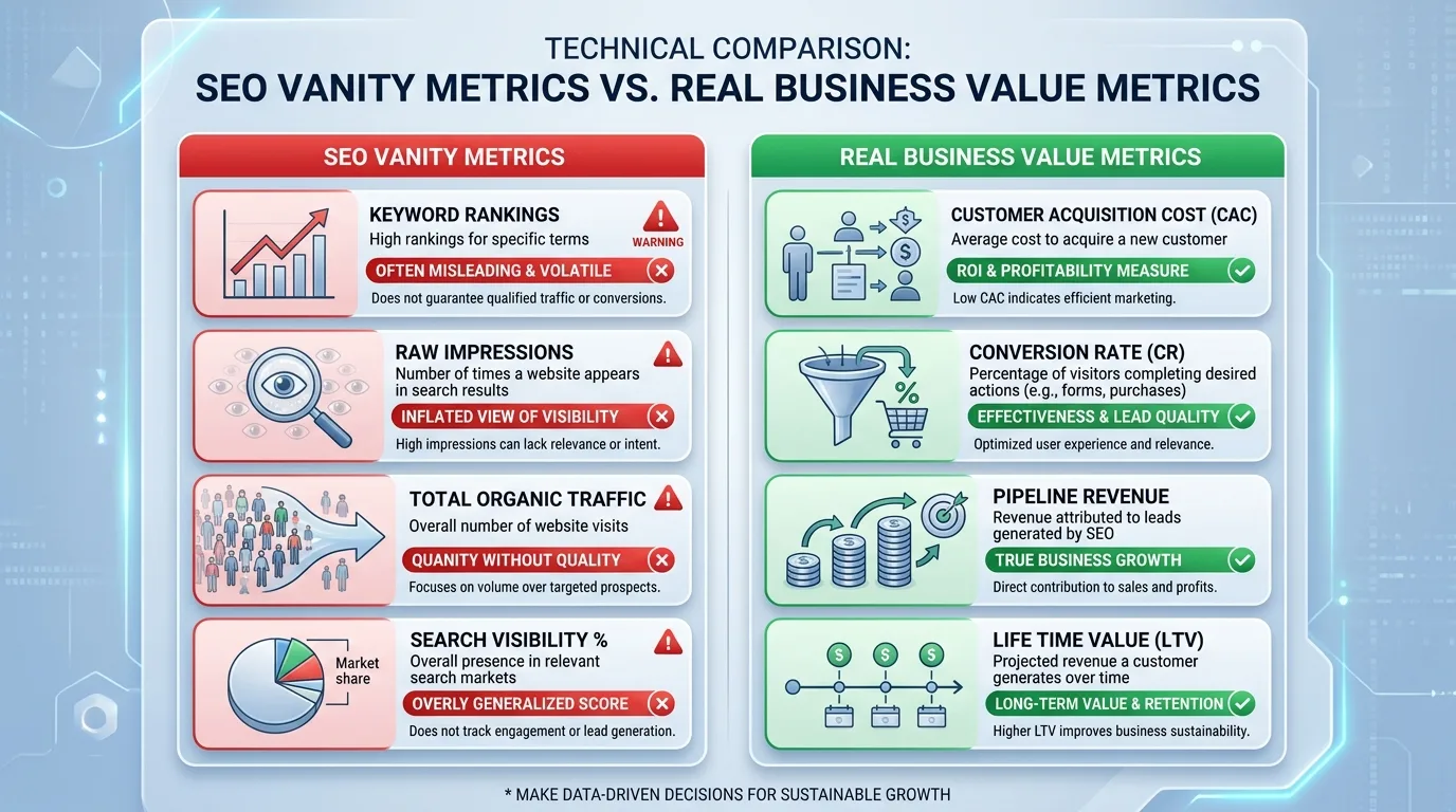 SEO Vanity Metrics versus True Commercial Value Comparison
